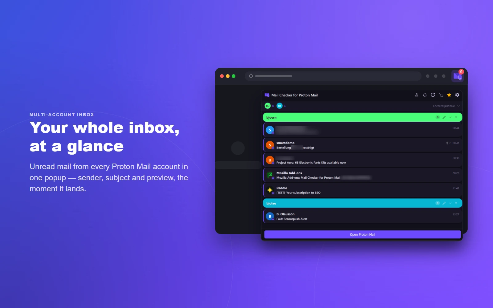 Multi-account inbox — unread mail from every Proton Mail account in one popup, with sender, subject and preview