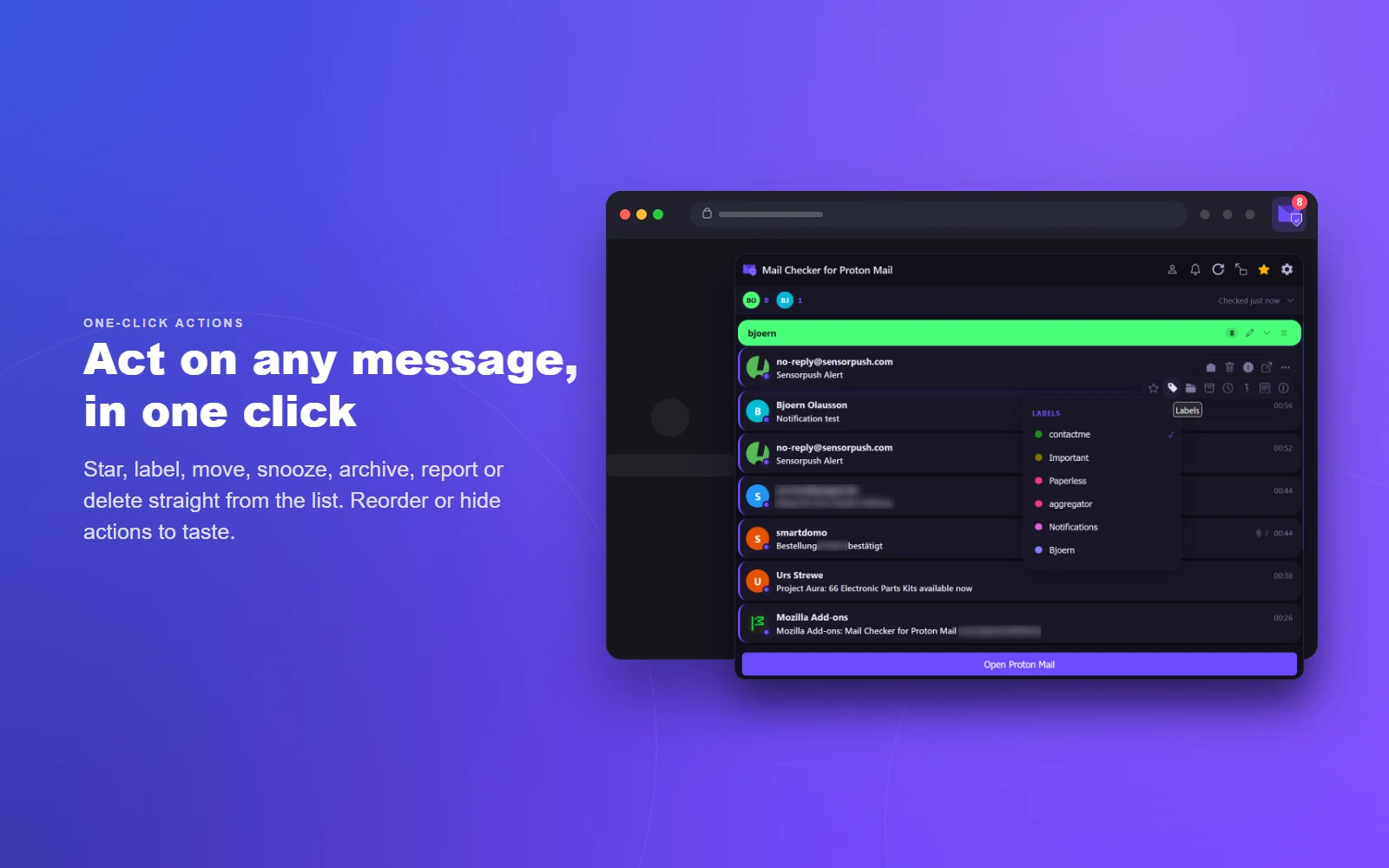 One-click actions — star, label, move, snooze, archive, report or delete straight from the list