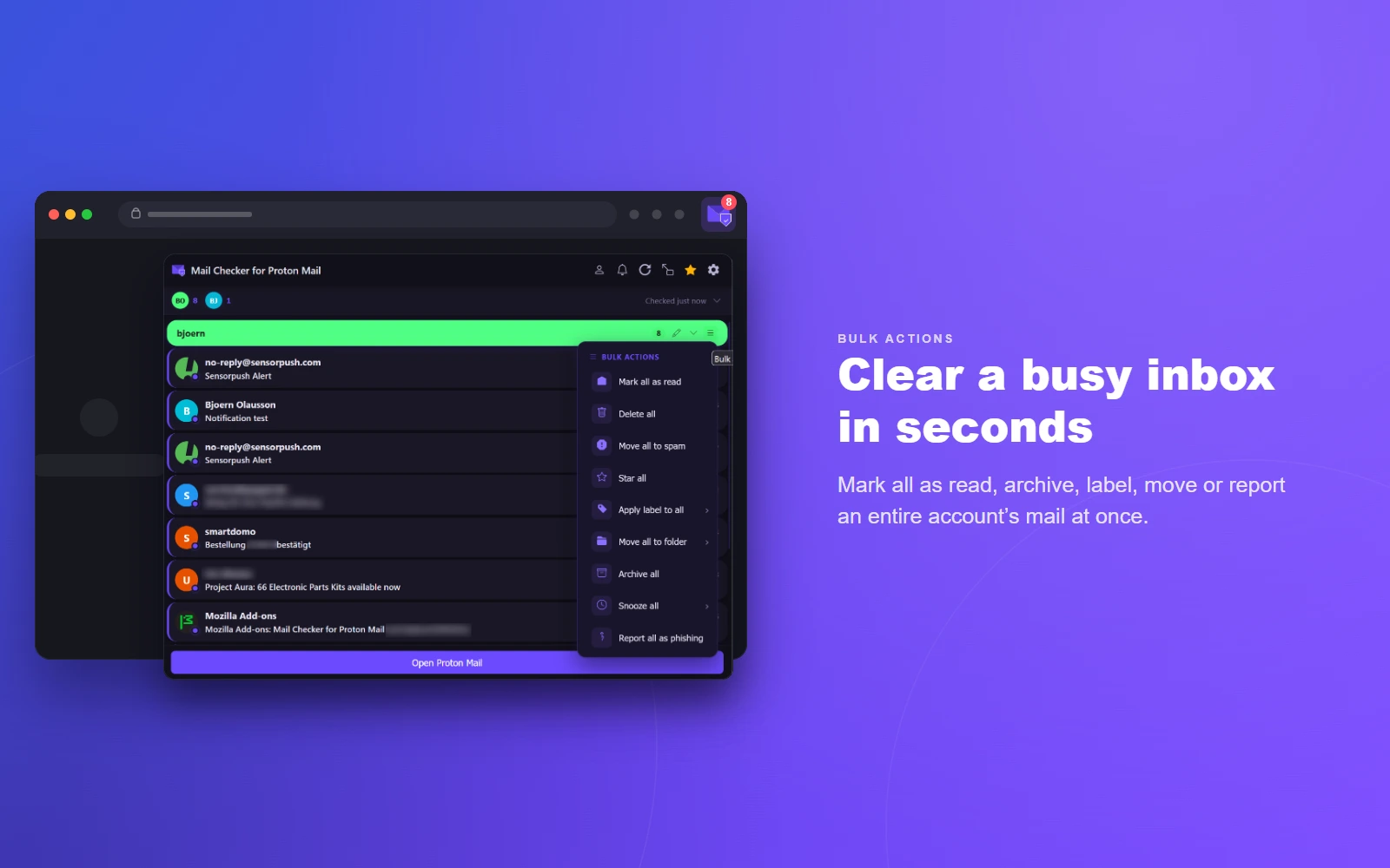 Bulk actions — mark all as read, archive, label, move or report an entire account's mail at once