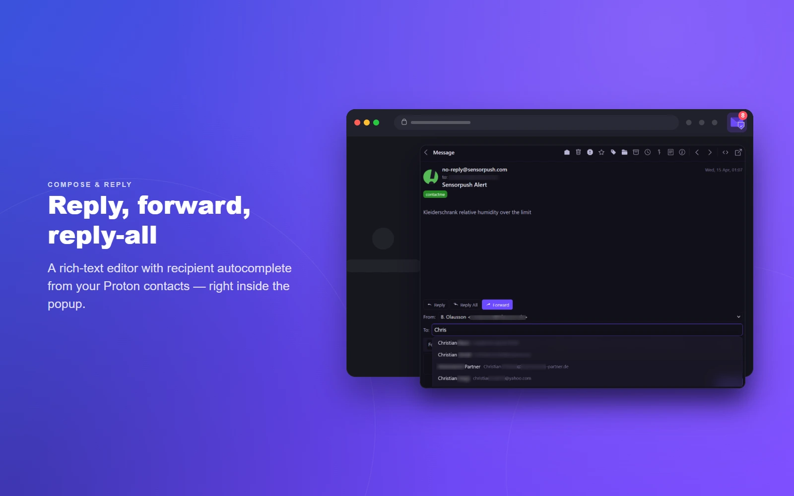 Compose and reply — reply, forward and reply-all in a rich-text editor with contact autocomplete