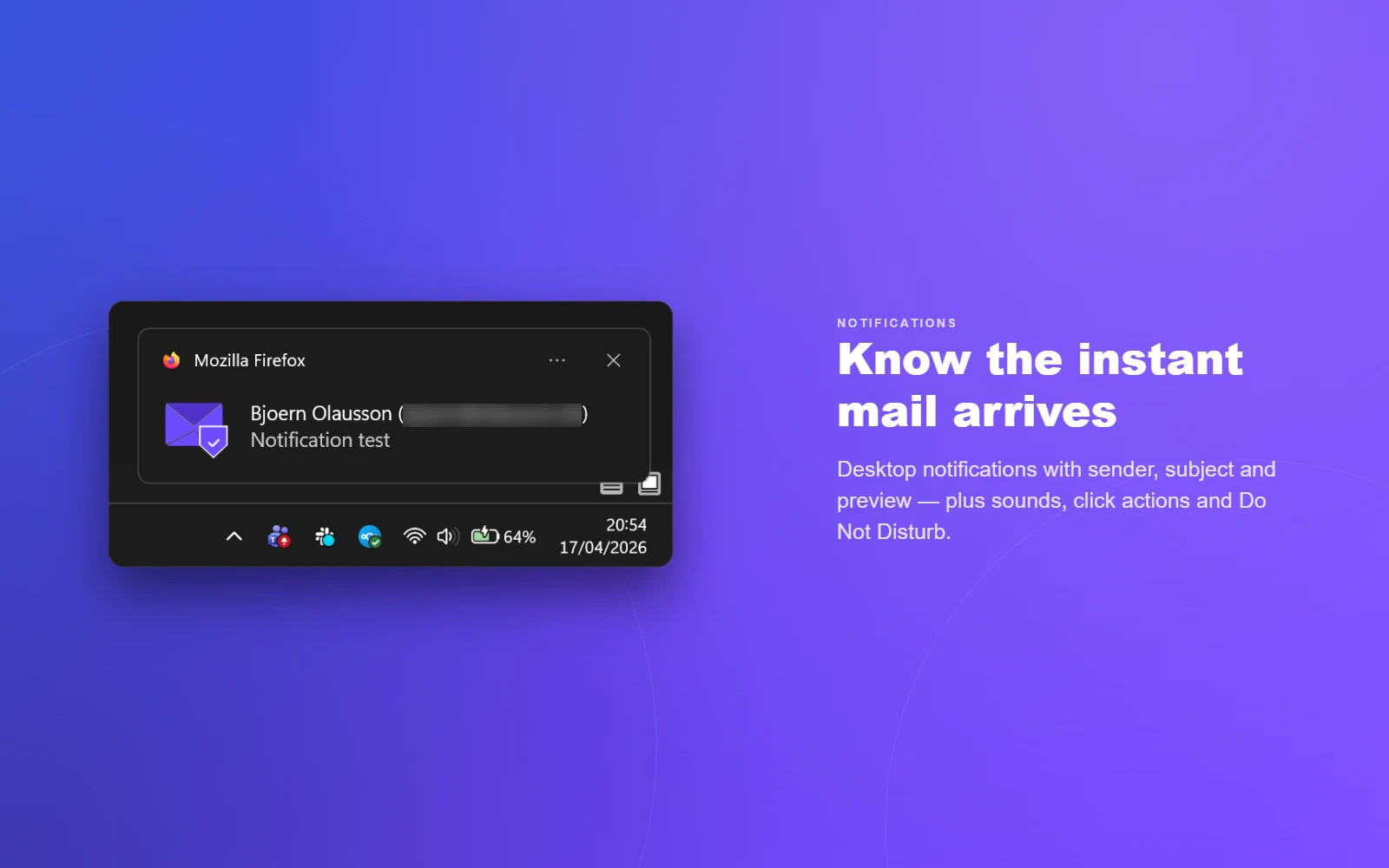 Notifications — desktop notifications with sender, subject and preview, plus sounds, click actions and Do Not Disturb