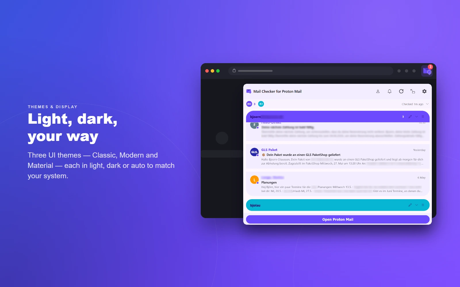 Themes and display — three UI themes (Classic, Modern, Material) each in light, dark or auto