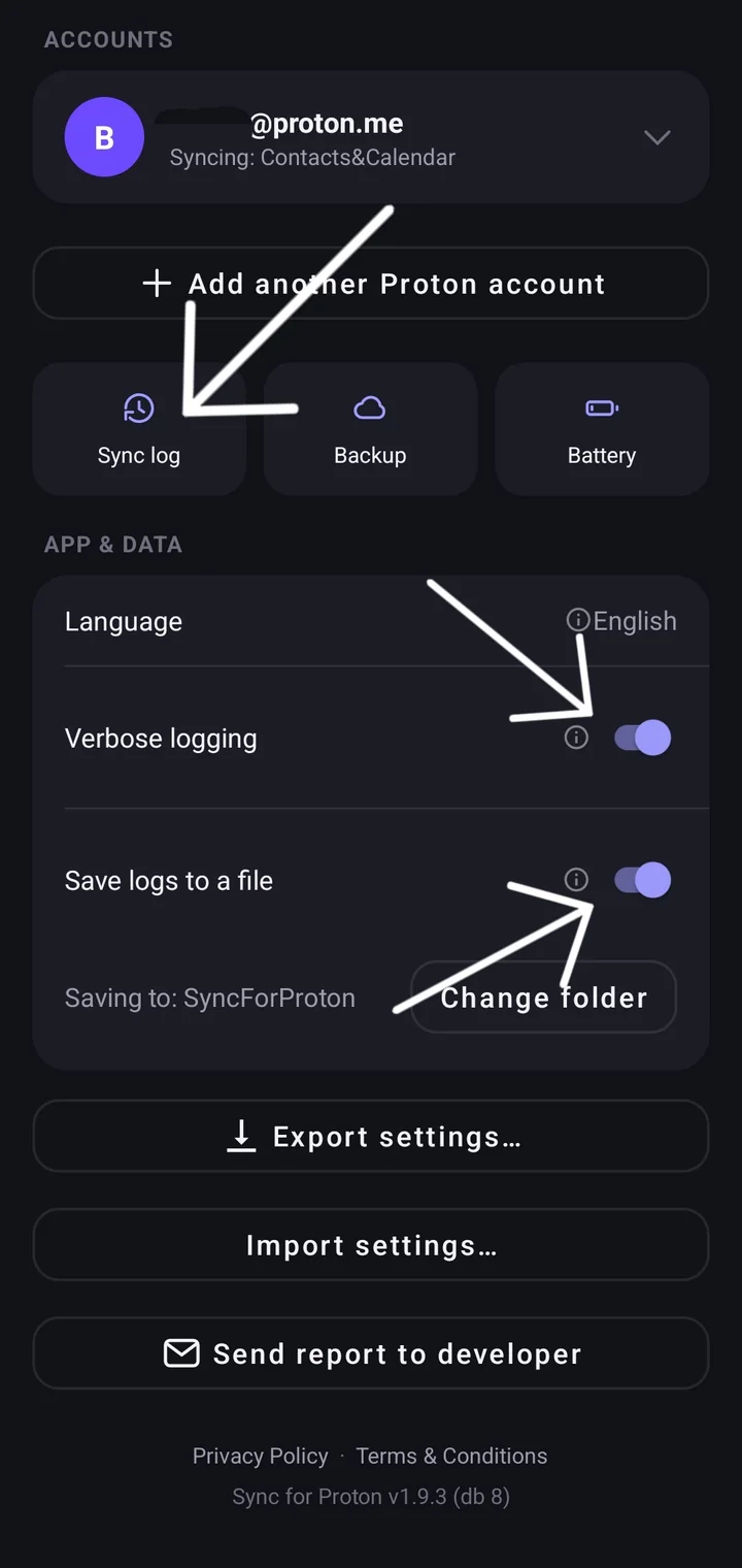 The App and data section of Sync for Proton settings, with the Verbose logging switch turned on