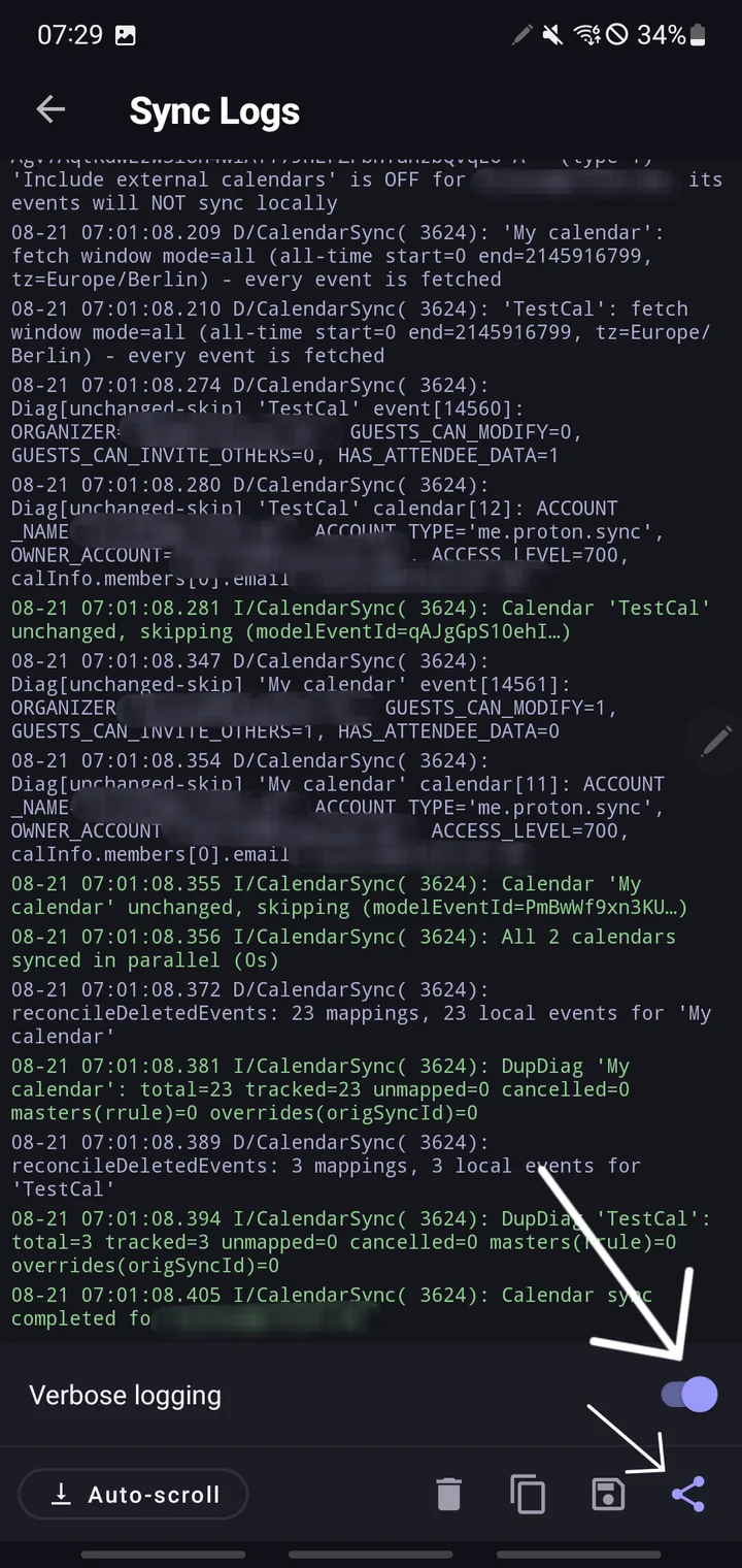The Sync log screen, with the Verbose logging switch and the share icon highlighted