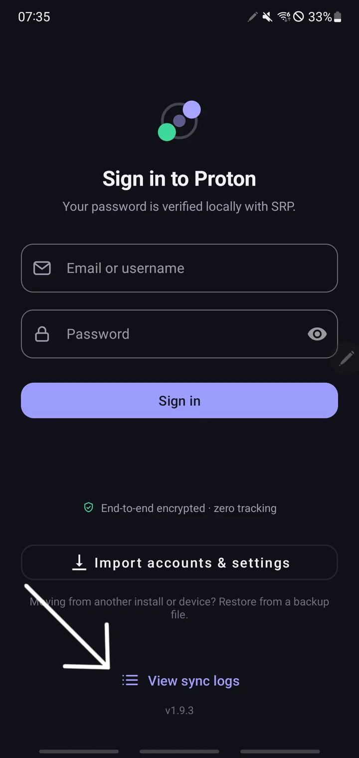 The Sync for Proton sign-in screen, with the View sync logs link at the bottom highlighted