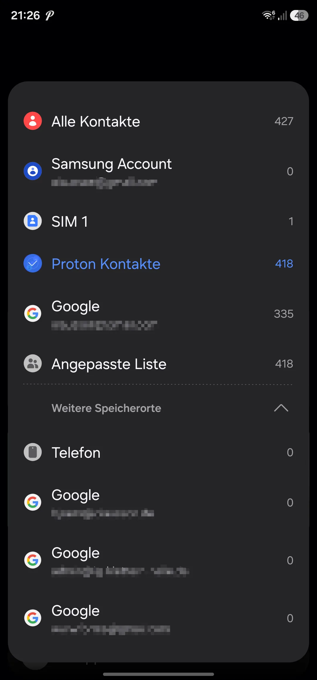 The account filter in Samsung Contacts, listing 418 contacts in Proton Contacts, 335 in Google and one on the SIM, while All contacts shows 427