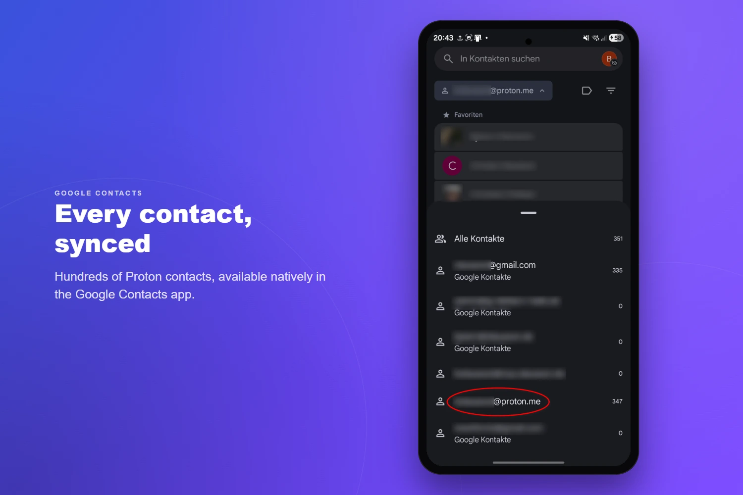 Every contact synced — hundreds of Proton contacts available natively in the Google Contacts app