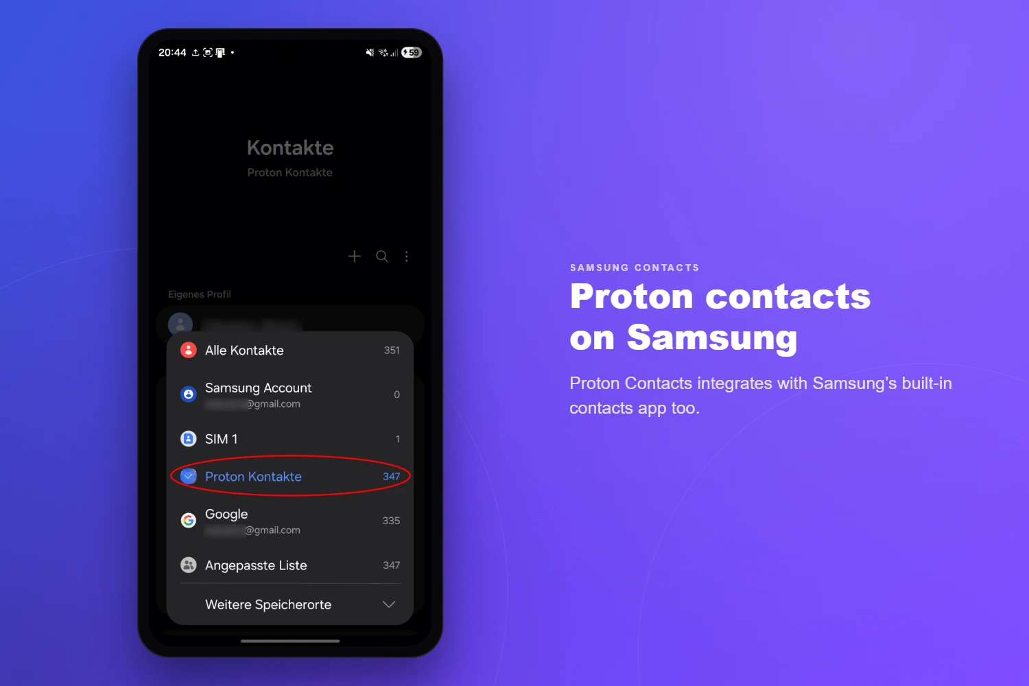 Proton contacts on Samsung — integrates with Samsung's built-in contacts app too
