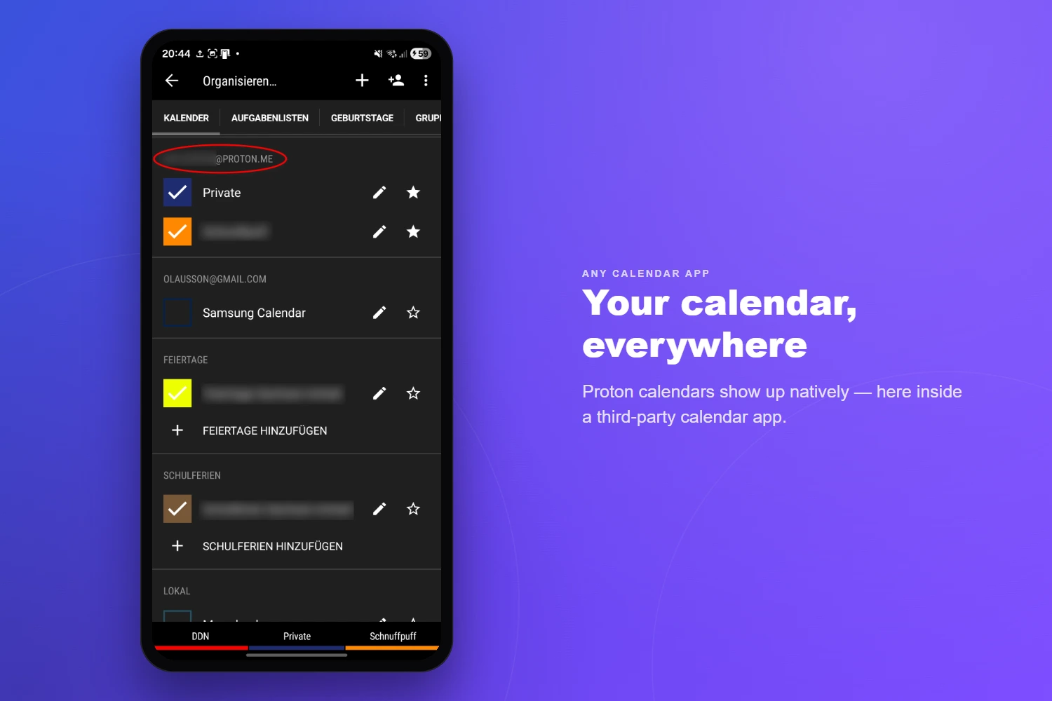 Your calendar everywhere — Proton calendars show up natively inside third-party calendar apps