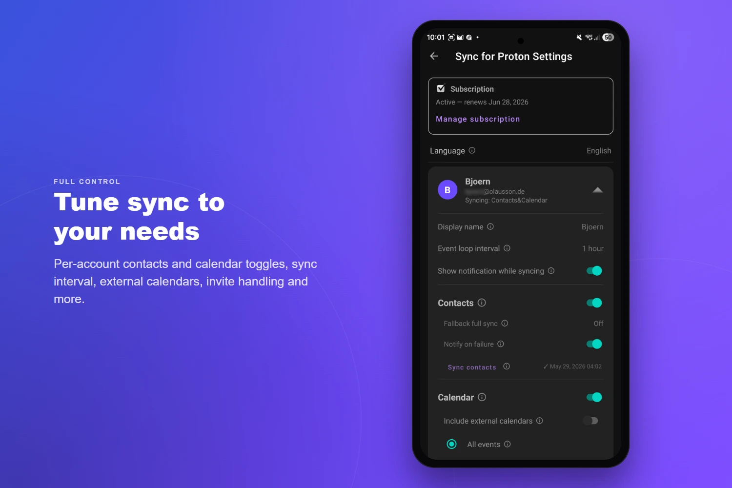 Tune sync to your needs — per-account contacts and calendar toggles, sync interval, external calendars, invite handling and more
